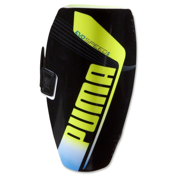 Puma EvoSpeed 5.2 Slip Adult Shinguards Black/Fluo Yellow/Blue Small - Third Coast Soccer