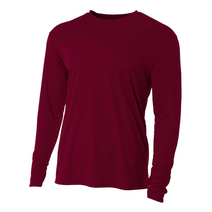 A4 Long Sleeve Cooling Performance Crew Training Wear Maroon Mens Small - Third Coast Soccer