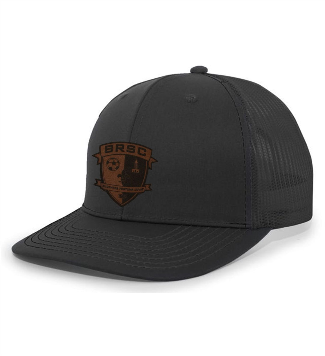 TCS BRSC Flexfit Premium Trucker Hat BRSC Spiritwear Black/Black Leather Patch - Third Coast Soccer