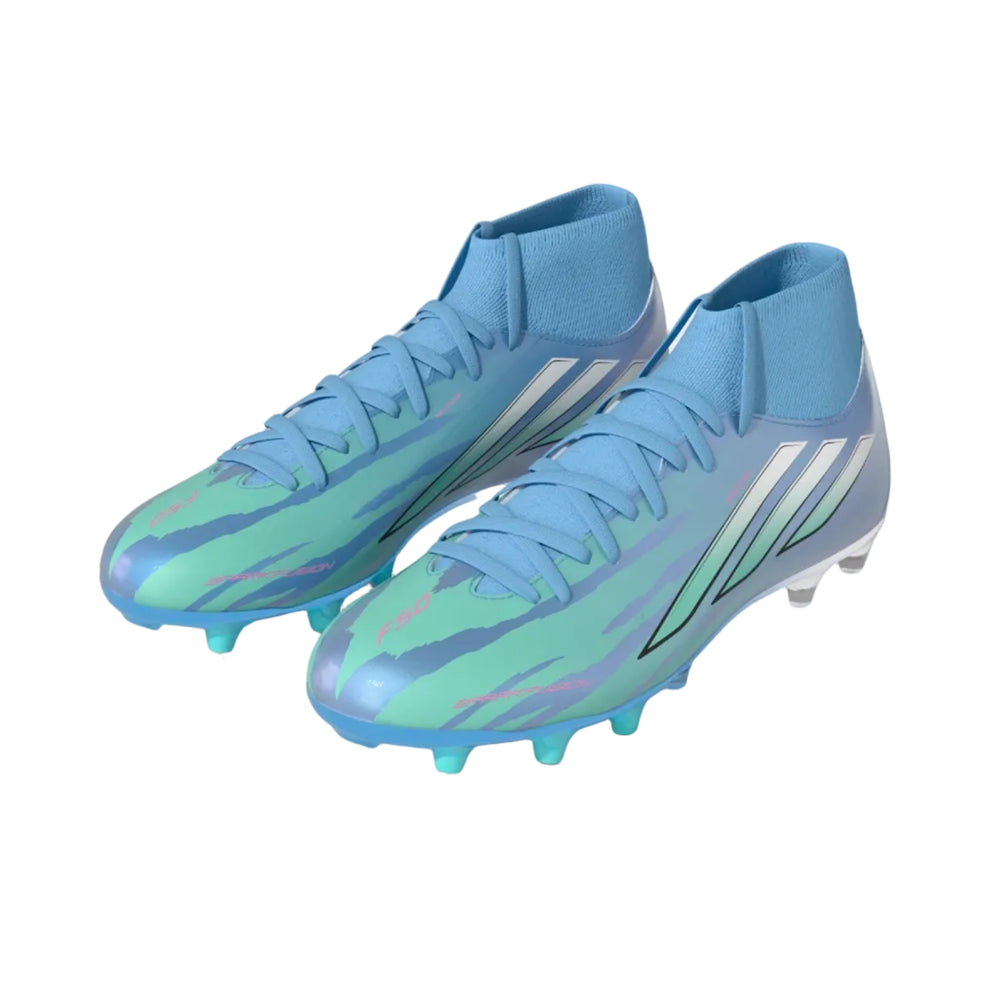 adidas Trinity Rodman Women's F50 Sparkfusion League Mid Cut FG Women's Footwear Sea Blue/Feather White/Lucid Pink Womens 4.5 - Third Coast Soccer