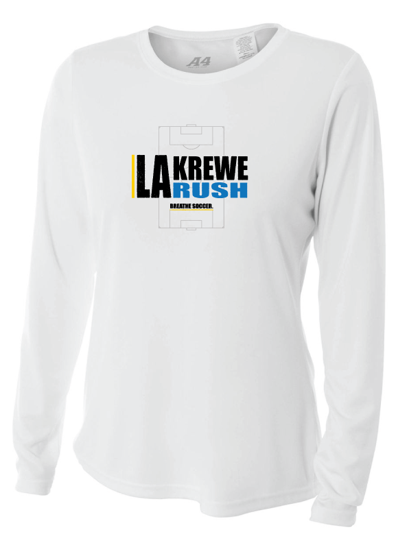 A4 LA Krewe-Rush Long-Sleeve Shirt - Breathe Soccer - Black, Silver Or White LA Krewe Rush Spiritwear White Womens Small - Third Coast Soccer