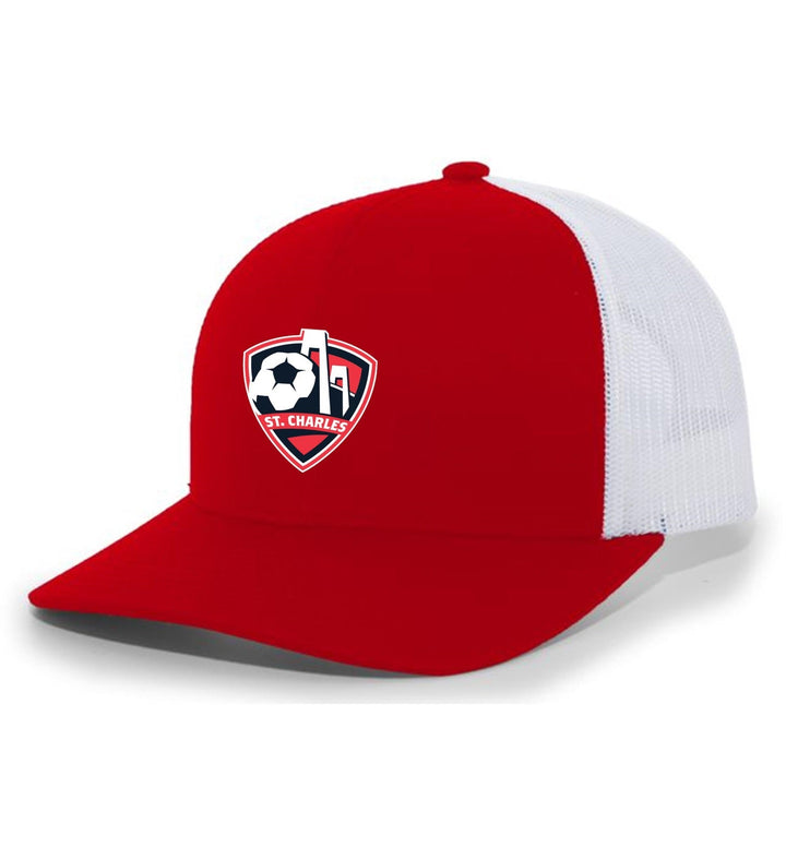 TCS SCSL FlexFit Premium Trucker Hat St. Charles Soccer Spiritwear Red/White Full Color - Third Coast Soccer