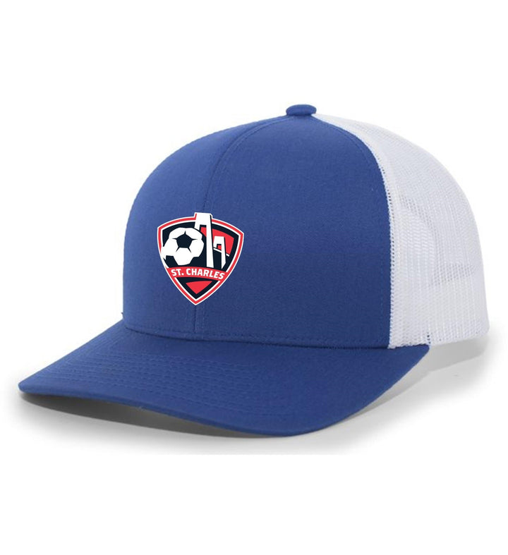 TCS SCSL FlexFit Premium Trucker Hat St. Charles Soccer Spiritwear Royal/White Full Color - Third Coast Soccer