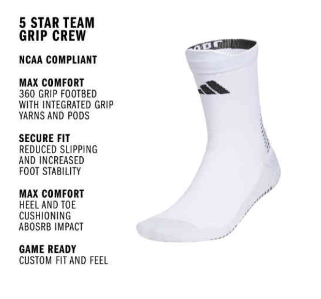 adidas 5 Star Team Grip Crew - White Socks - Third Coast Soccer