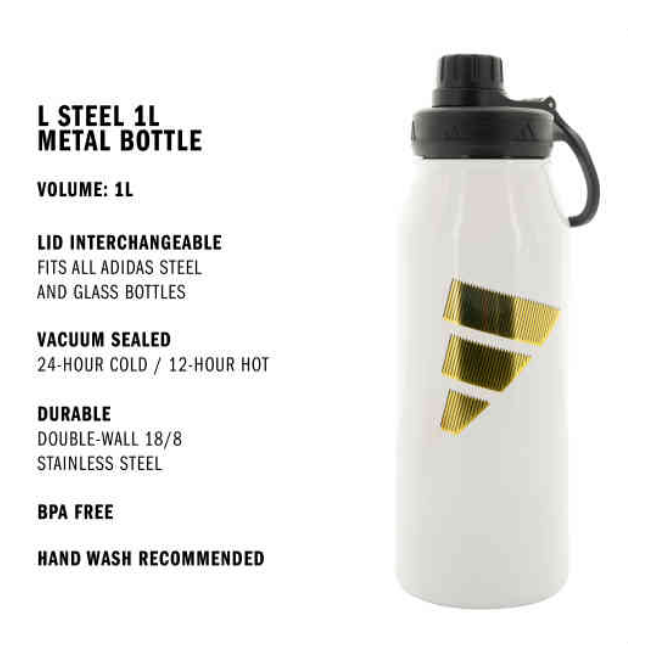 adidas Large Steel 1L Metal Bottle - White/Gold Metallic Player Accessories - Third Coast Soccer