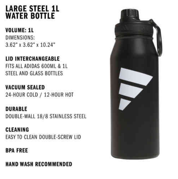 adidas Large Steel 1L Metal Bottle - Black/White