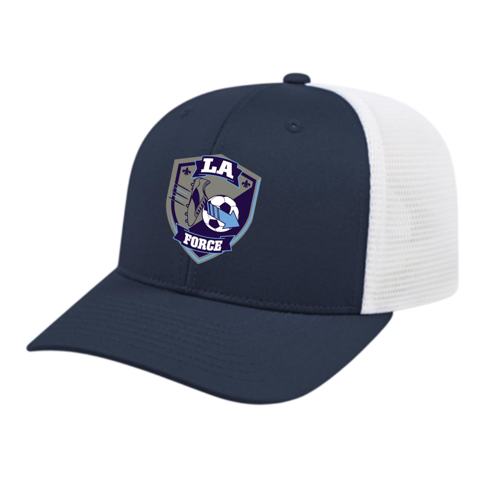 LA FORCE Flexfit Premium Trucker Hat LA FORCE Spiritwear Navy/White Full Color Patch - Third Coast Soccer