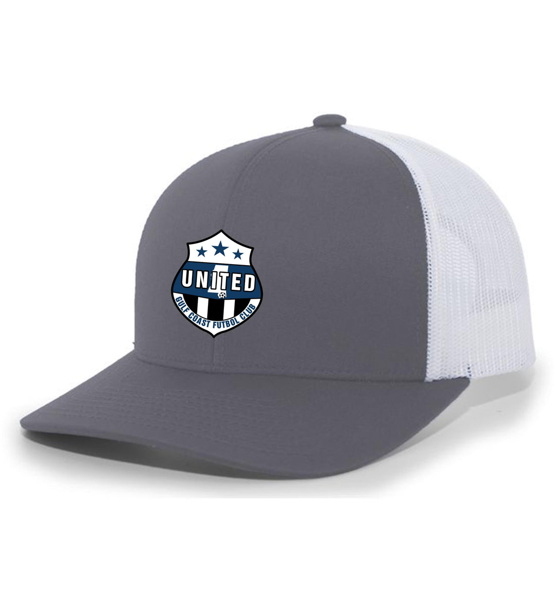 TCS GCU Premium Flex-Fit Trucker Hat Gulf Coast United Spiritwear Silver/White Full Color Patch - Third Coast Soccer