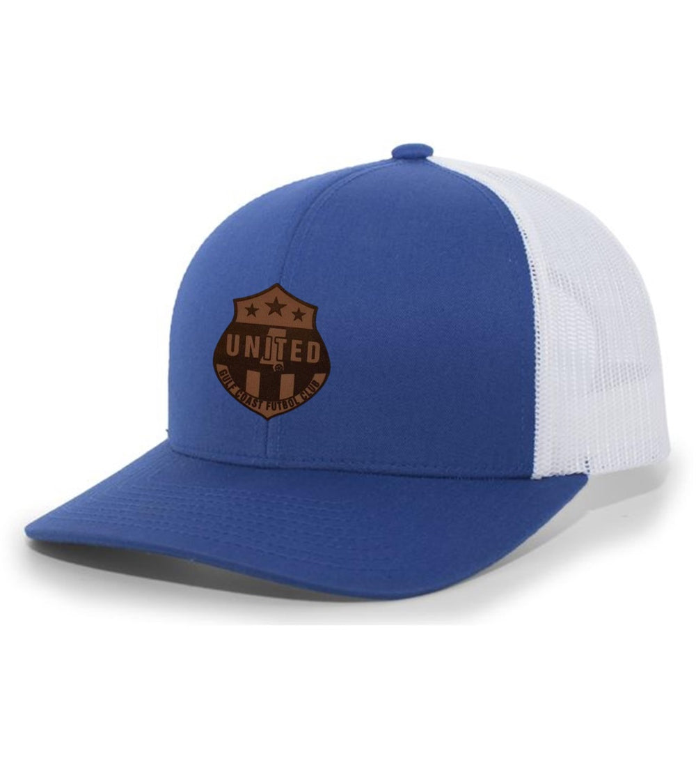 TCS GCU Premium Flex-Fit Trucker Hat Gulf Coast United Spiritwear Royal/White Leather Patch - Third Coast Soccer