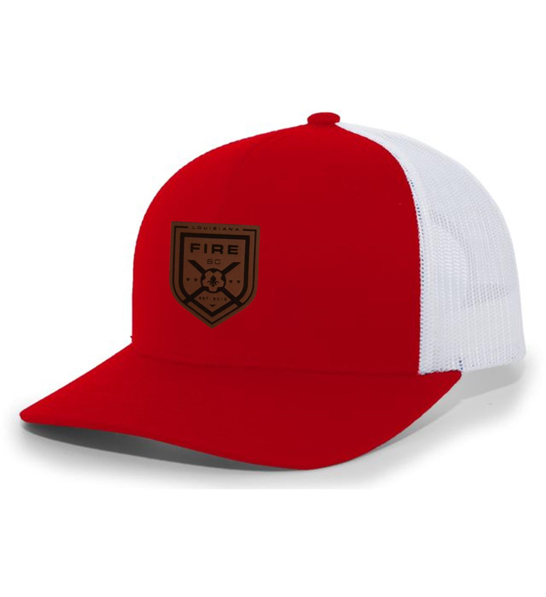 TCS Louisiana Fire Flexfit Premium Trucker Hat Louisiana Fire Spiritwear Red/White Leather Patch - Third Coast Soccer
