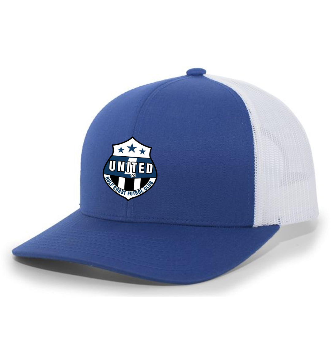 TCS GCU Premium Flex-Fit Trucker Hat Gulf Coast United Spiritwear Royal/White Full Color Patch - Third Coast Soccer