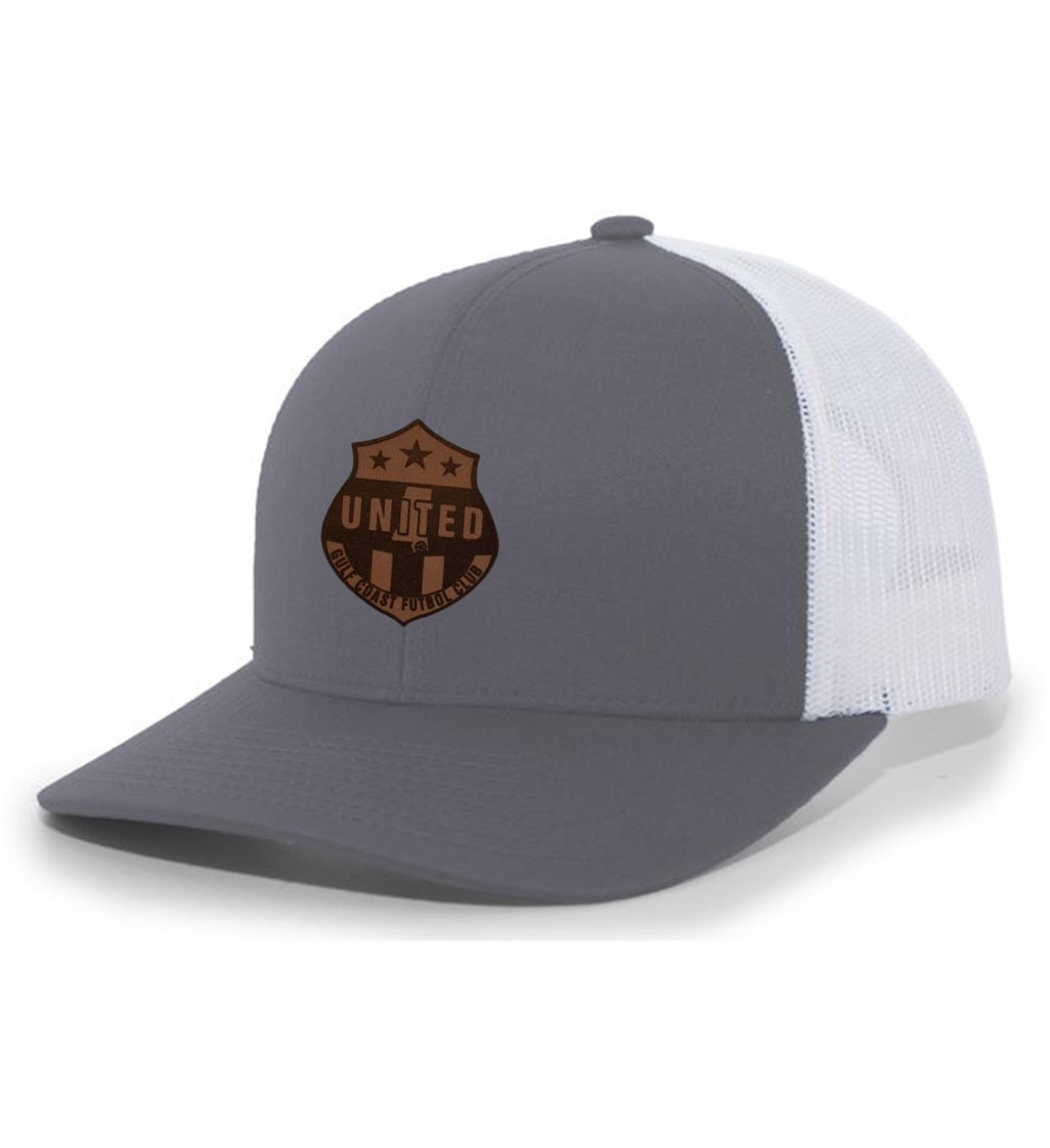 GCU Premium Flex-Fit Trucker Hat Gulf Coast United Spiritwear Silver/White Leather Patch - Third Coast Soccer