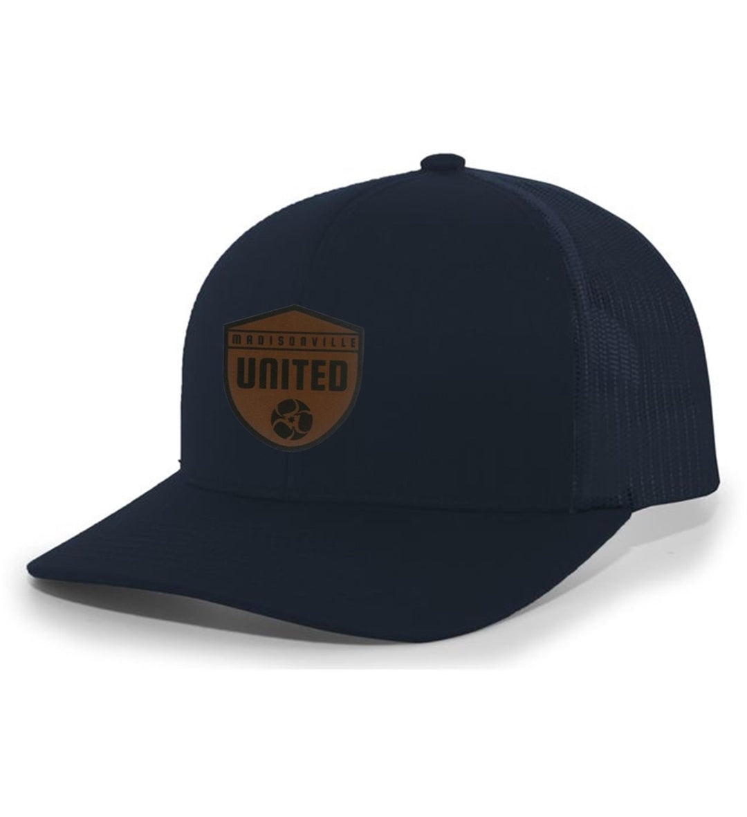 Madisonville United Flexfit Premium Trucker Hat with Leather Patch Madisonville United Spiritwear Navy/Navy Leather Patch - Third Coast Soccer