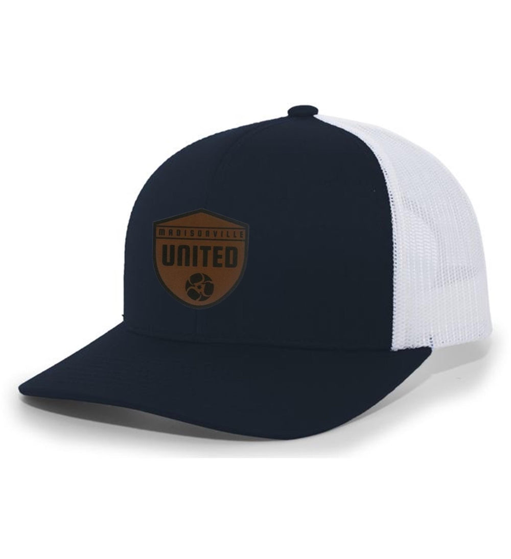 Madisonville United Flexfit Premium Trucker Hat with Leather Patch Madisonville United Spiritwear Navy/White Leather Patch - Third Coast Soccer
