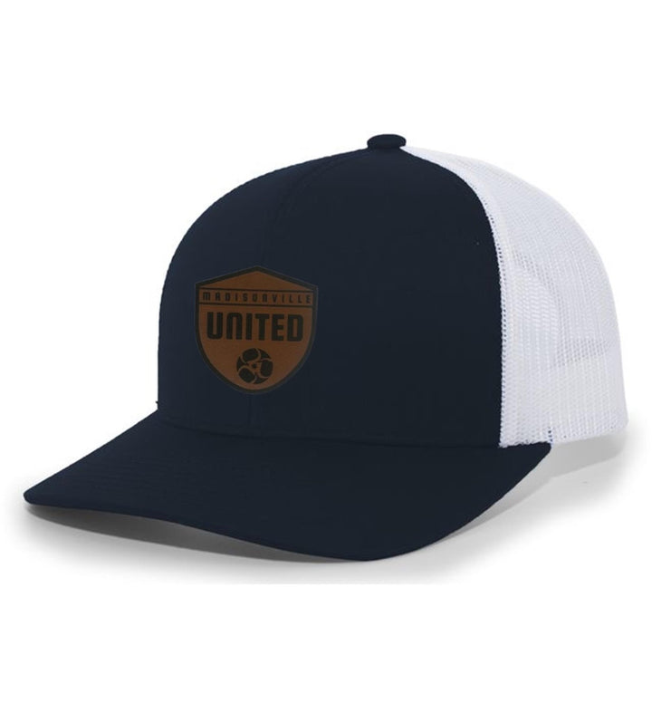 Madisonville United Flexfit Premium Trucker Hat with Leather Patch Madisonville United Spiritwear Navy/White Leather Patch - Third Coast Soccer