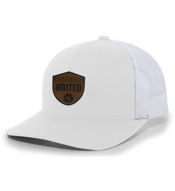 Madisonville United Flexfit Premium Trucker Hat with Leather Patch Madisonville United Spiritwear White/White Leather Patch - Third Coast Soccer