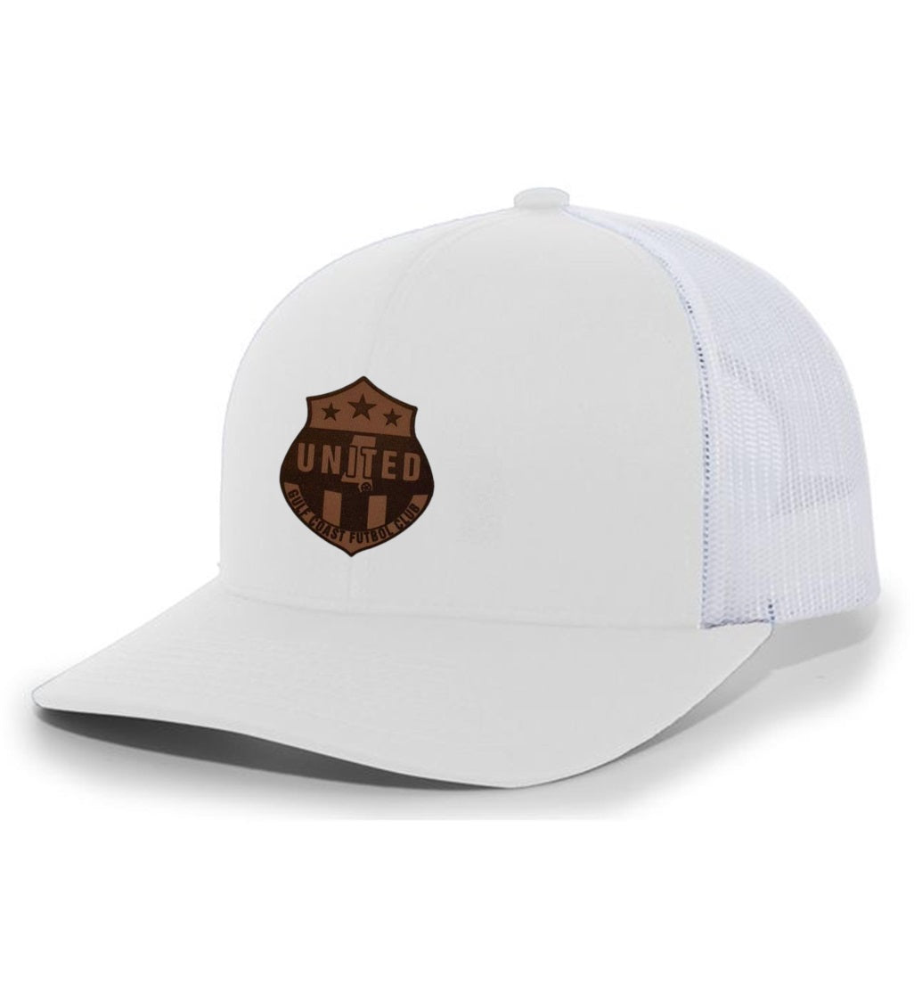 TCS GCU Premium Flex-Fit Trucker Hat Gulf Coast United Spiritwear White/White Leather Patch - Third Coast Soccer