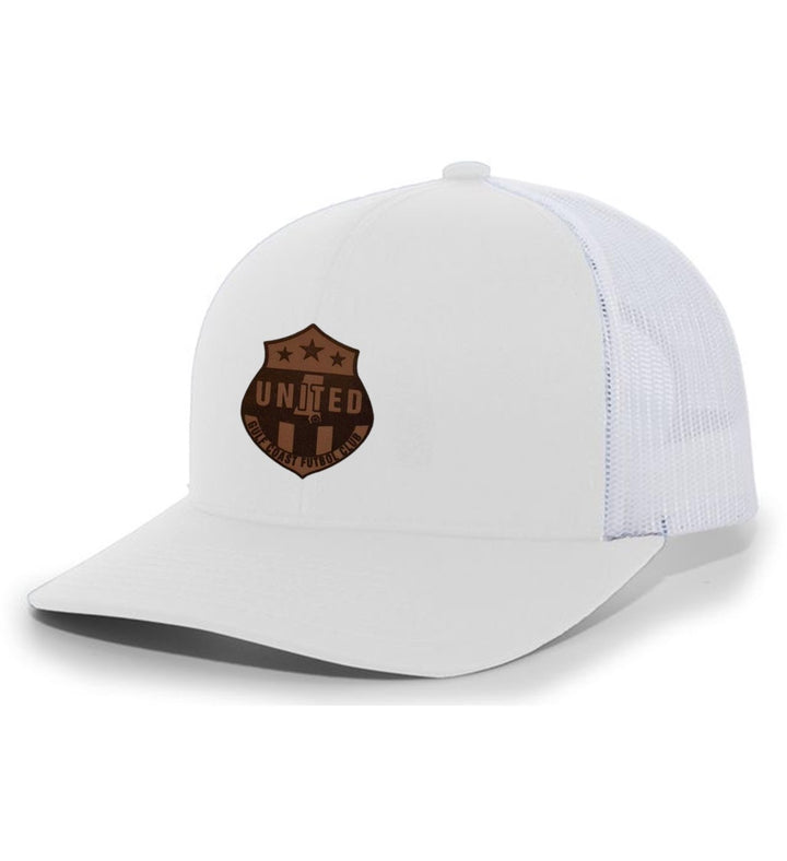 GCU Premium Flex-Fit Trucker Hat Gulf Coast United Spiritwear White/White Leather Patch - Third Coast Soccer