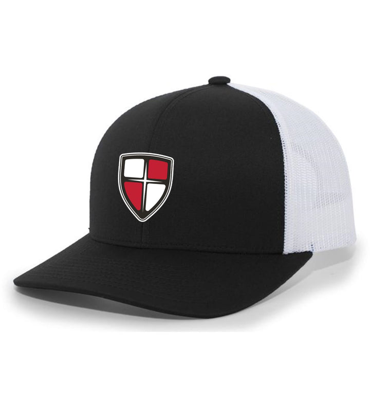 William Carey Shield Flexfit Premium Trucker Hat WCU Shield Black/White  - Third Coast Soccer