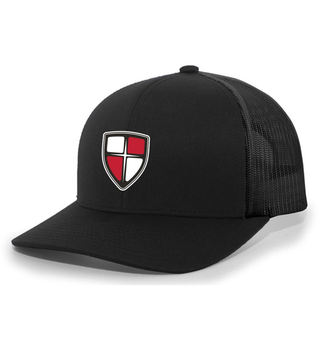 William Carey Shield Flexfit Premium Trucker Hat WCU Shield Black/Black  - Third Coast Soccer