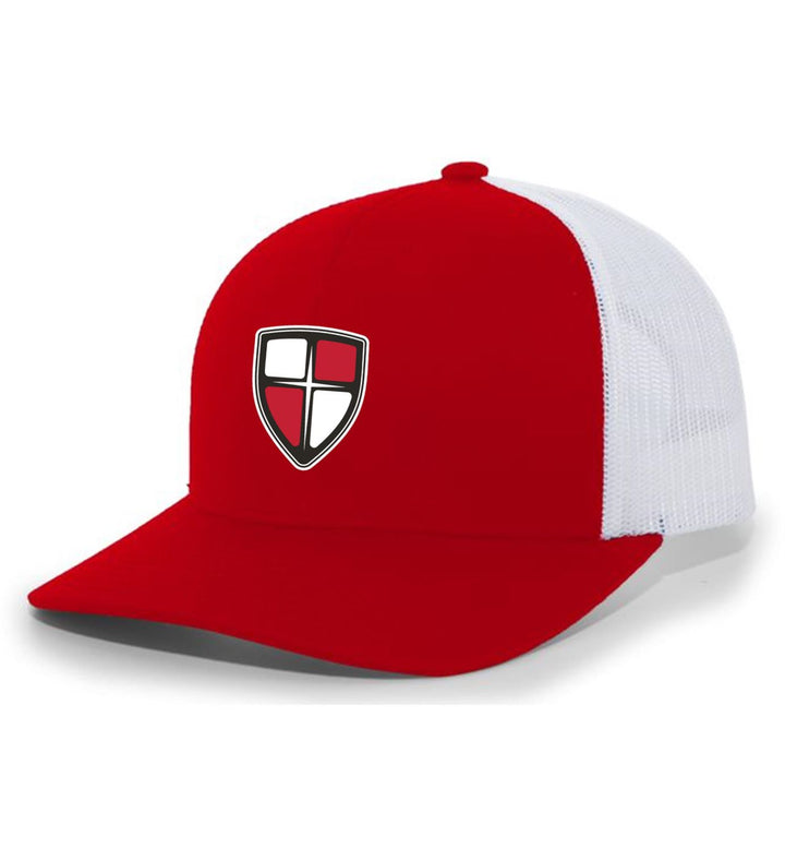 William Carey Shield Flexfit Premium Trucker Hat WCU Shield Red/White  - Third Coast Soccer