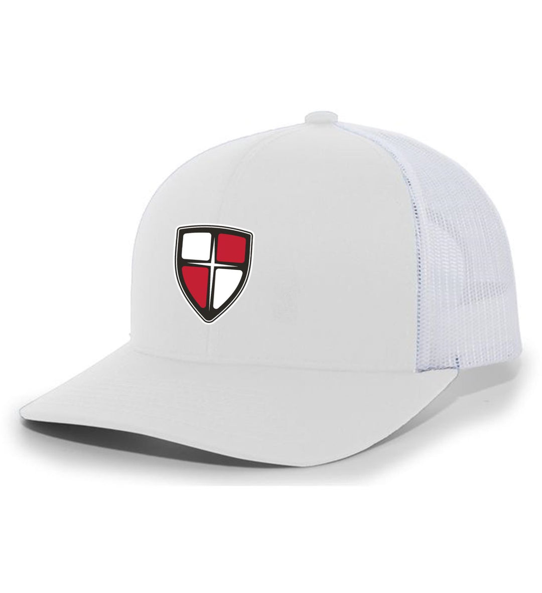 William Carey Shield Flexfit Premium Trucker Hat WCU Shield White/White  - Third Coast Soccer