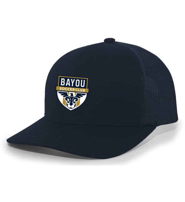 TCS Bayou Soccer Club Flexfit Premium Trucker Hat Bayou Soccer Club Spiritwear Navy/Navy Full Color Patch - Third Coast Soccer