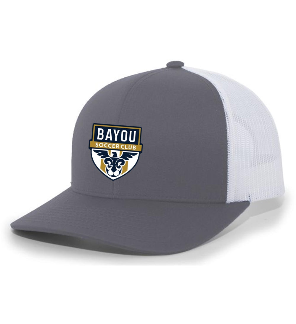 TCS Bayou Soccer Club Flexfit Premium Trucker Hat Bayou Soccer Club Spiritwear Silver/White Full Color Patch - Third Coast Soccer