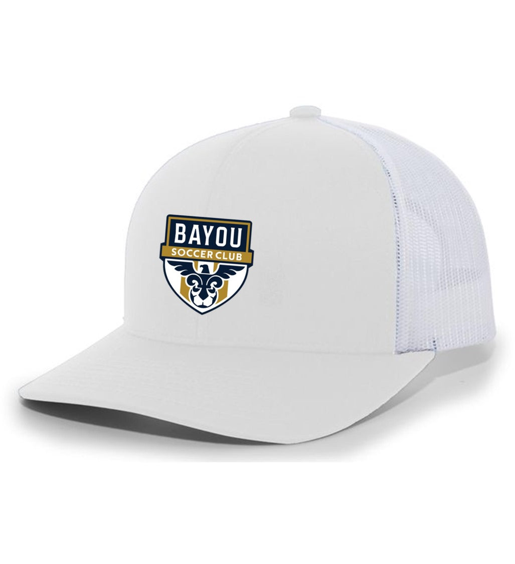 TCS Bayou Soccer Club Flexfit Premium Trucker Hat Bayou Soccer Club Spiritwear White/White Full Color Patch - Third Coast Soccer